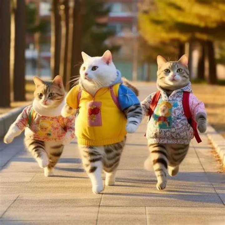 AI cats walking with an umbrella in the rain