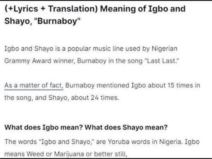 Igbo And Shayo Meaning